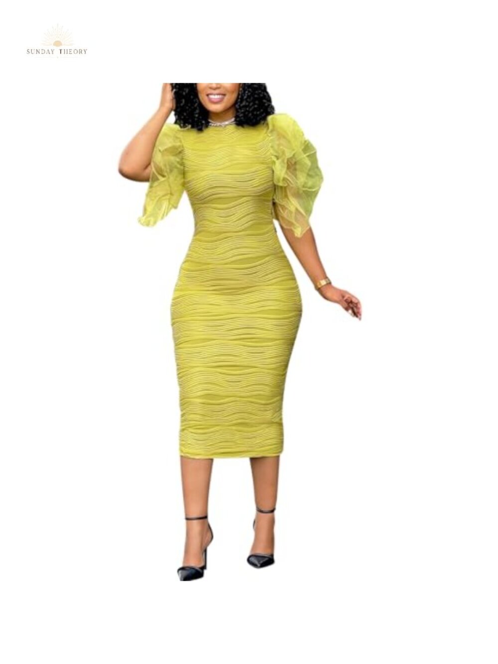 Flutter Sleeve Ruched Bodycon Textured Pencil Dress Stretch Office Party